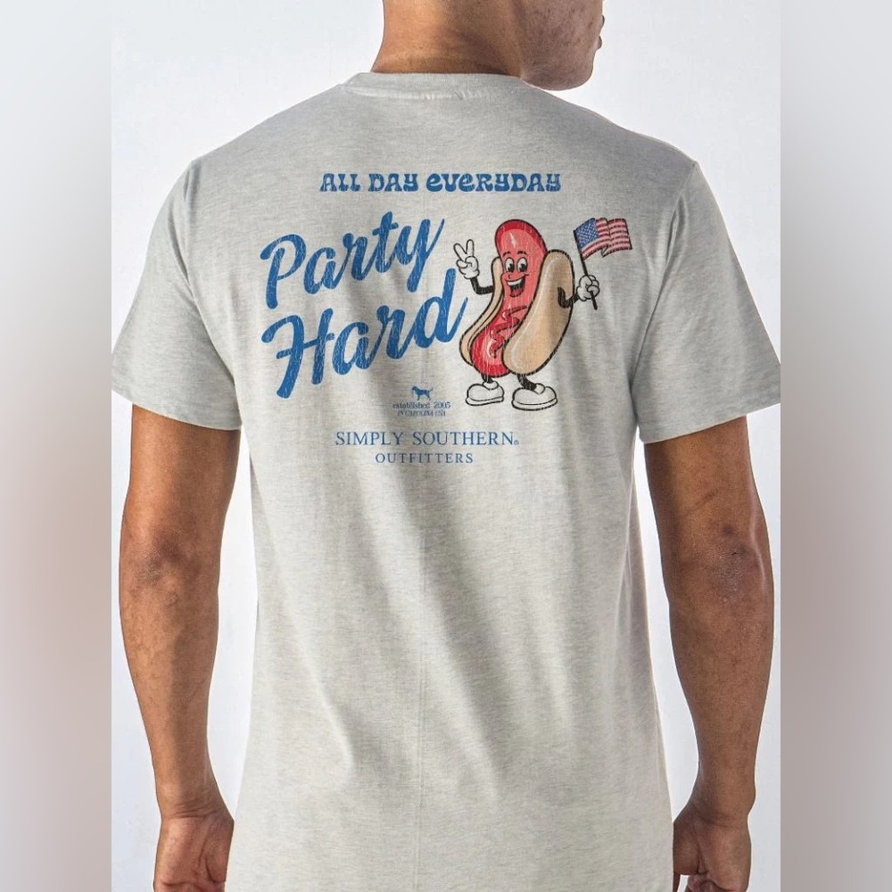 Simply Southern Light Gray Party Hard American Flag Hot Dog T-Shirt